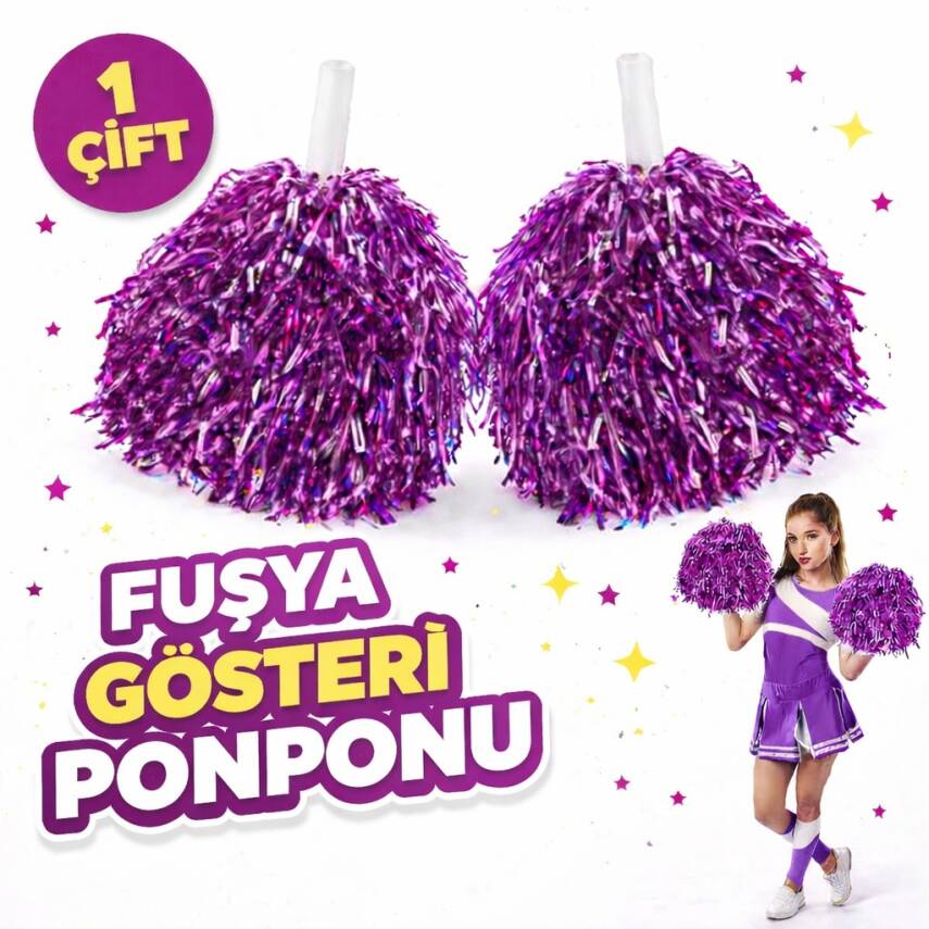 1 Çift Fuşya Okul Gösteri Ponponları - Ekstra Dolgun - 1