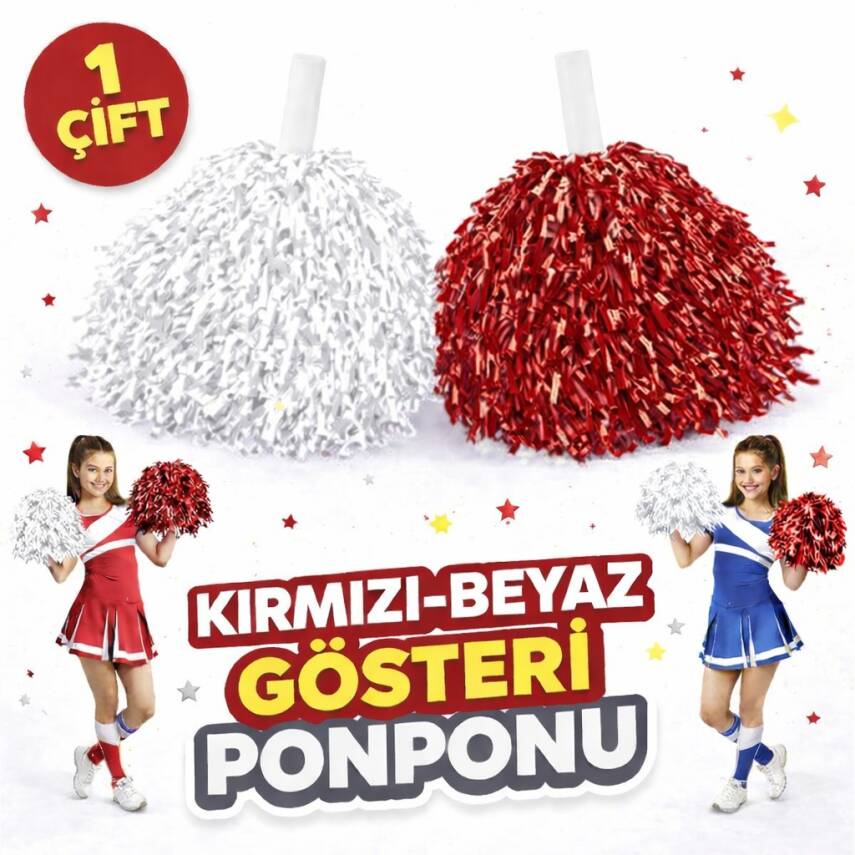 2 Adet Kırmızı - Beyaz Renk Okul Gösteri Ponponları Ekstra Dolgun - 1