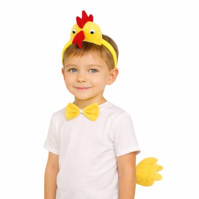 Çocuk Horoz Tavuk Kostüm Seti 3 Parça (Taç + Papyon + Kuyruk) (1)