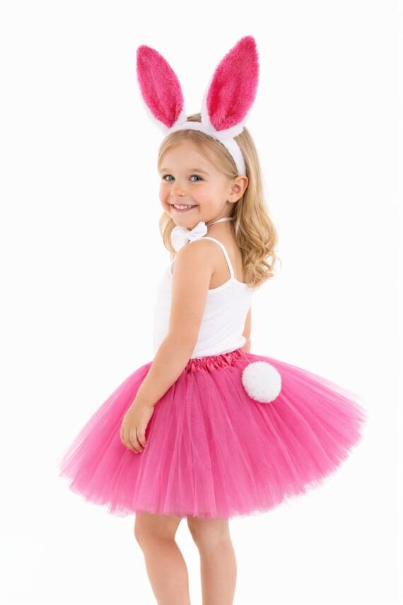 Fuşya Tavşan Kostüm Seti Kız Çocuk – Tütü Etek, Taç, Papyon, Ponpon - 1