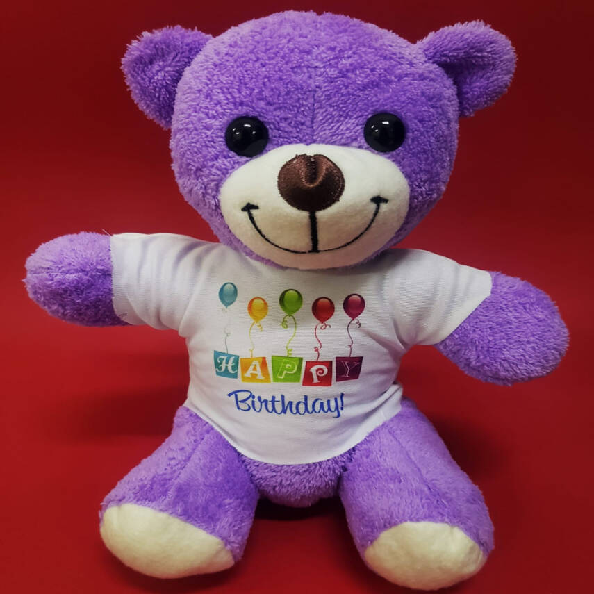 Happy Birthday Tişörtlü Peluş Mor Ayıcık - 1