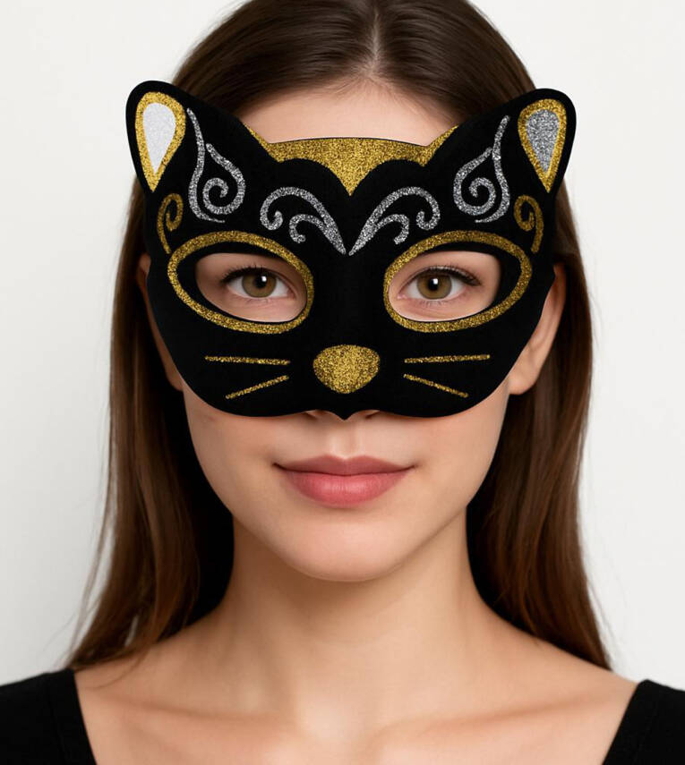 Kadife Dokulu Simli Kedi Maskesi Altın Gümüş Detaylı - 1