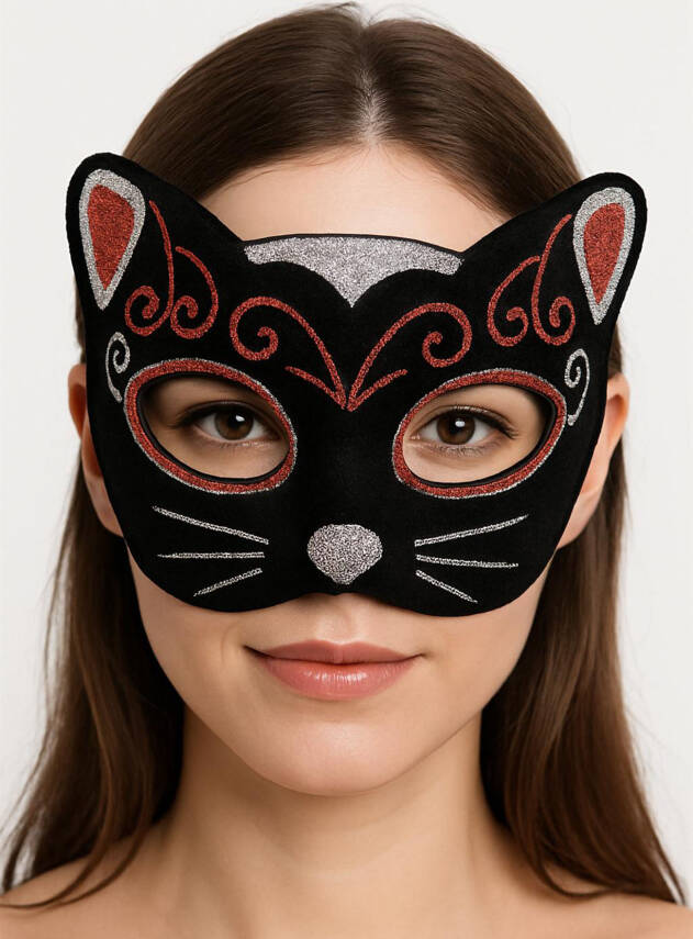 Kadife Dokulu Simli Kedi Maskesi Kırmızı Gümüş Detaylı - 1