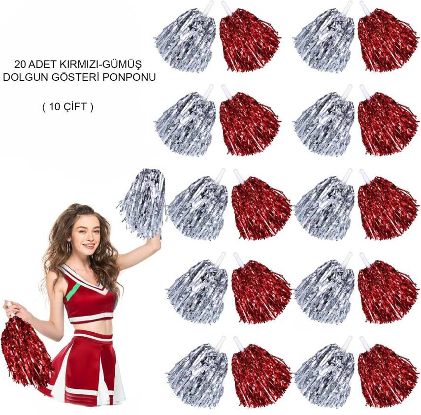 Kırmızı Gümüş Metalik Dolgun Gösteri Ponponu 20 Adet (10 Çift) - 1