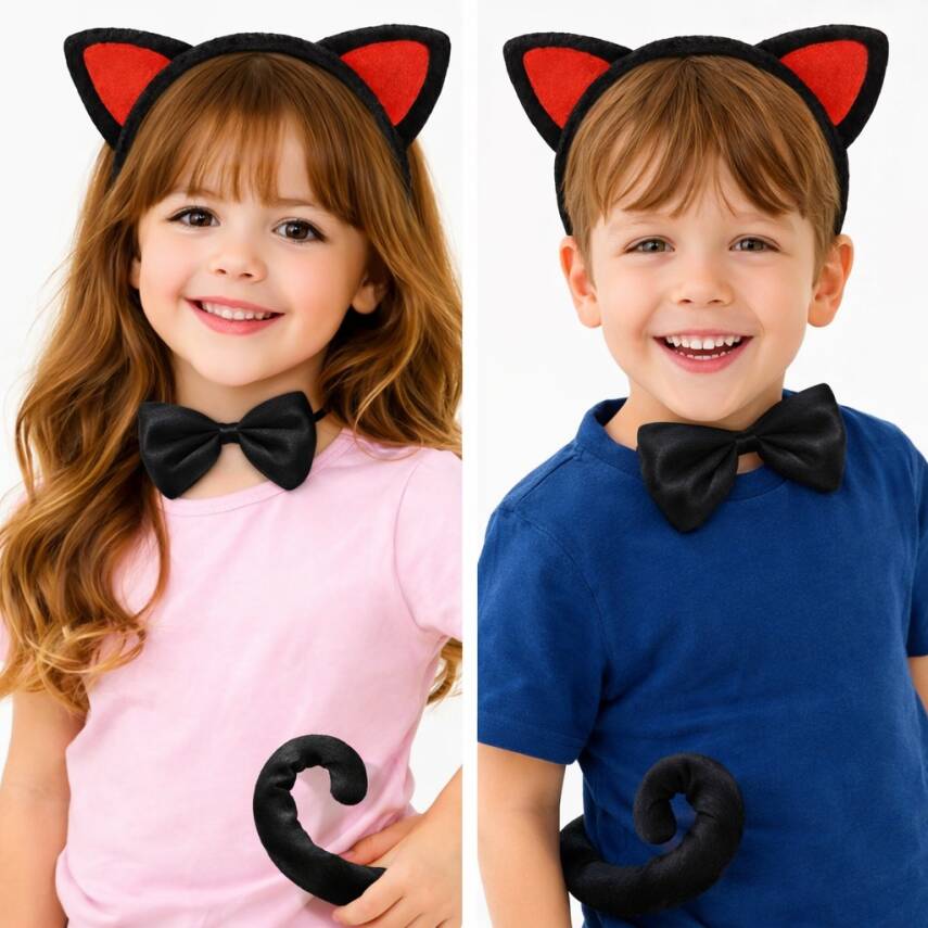 Kırmızı Kulaklı Kedi Kostüm Seti – Taç, Papyon, Kuyruk - 2