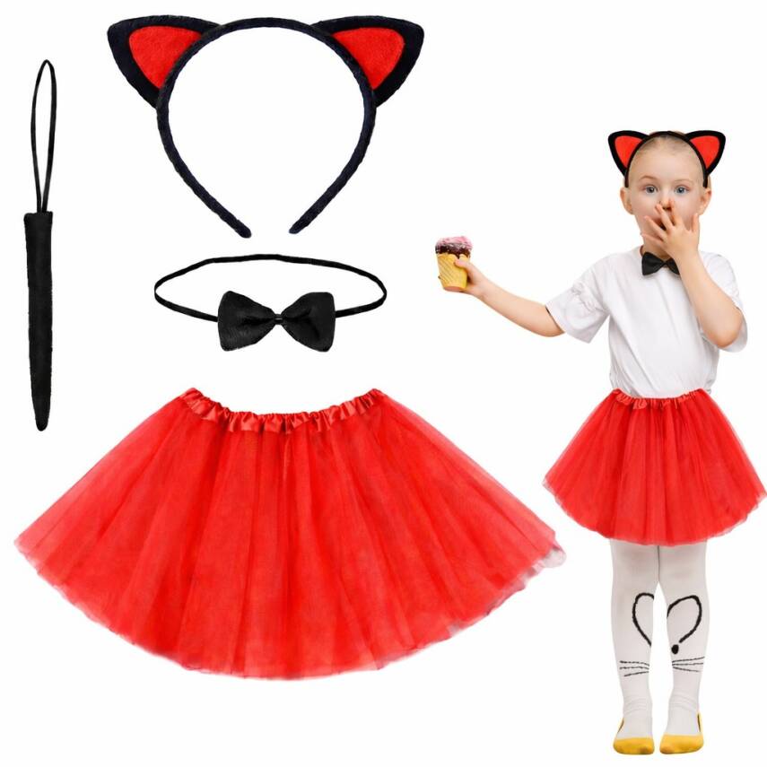 Kırmızı Renk Kedi Kostüm Seti - Tütü, Taç, Papyon, Kuyruk - 1