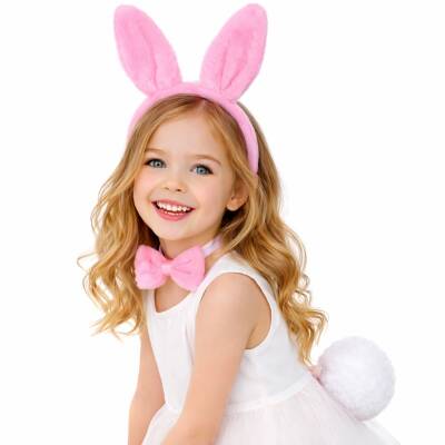 Kız Çocuk Pembe Tavşan Kulaklı Kostüm Seti – Tütü, Taç, Papyon, Ponpon (1)