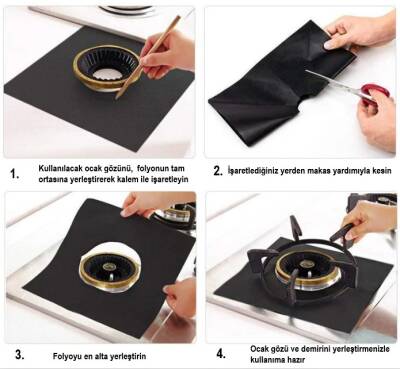 Ocak Koruyucu Folyo Yanmaz Yapışmaz 4'lü Set Siyah Renk - 5
