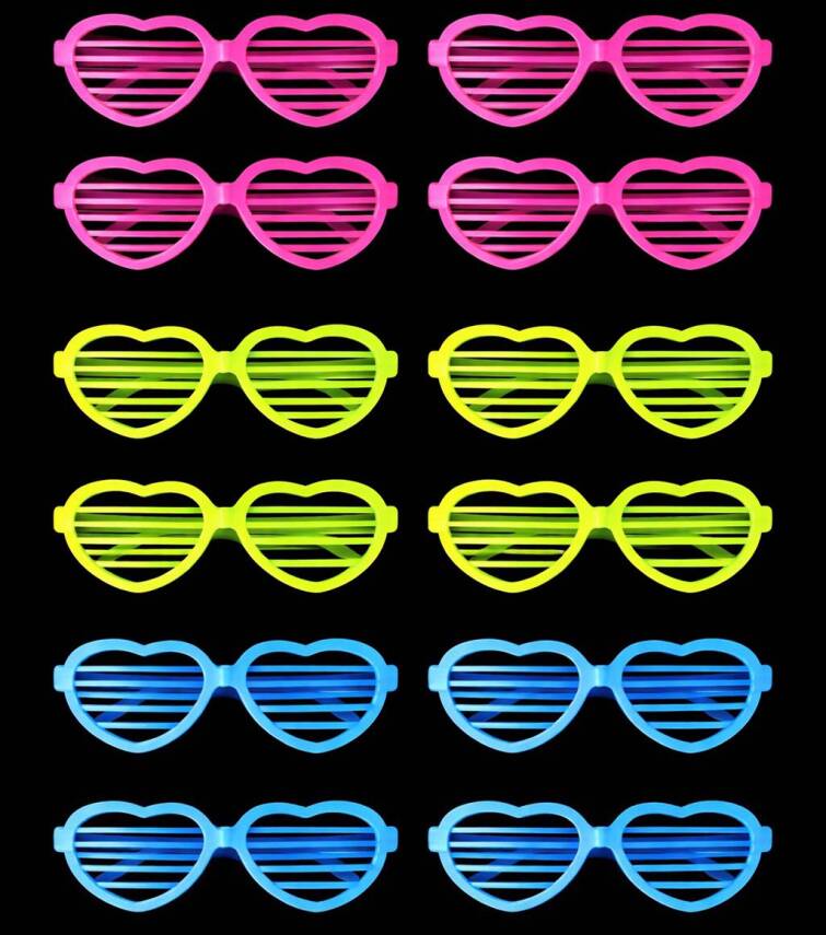 Retro Neon Fosforlu Kalp Panjur Gözlük - 12 Adet - 1
