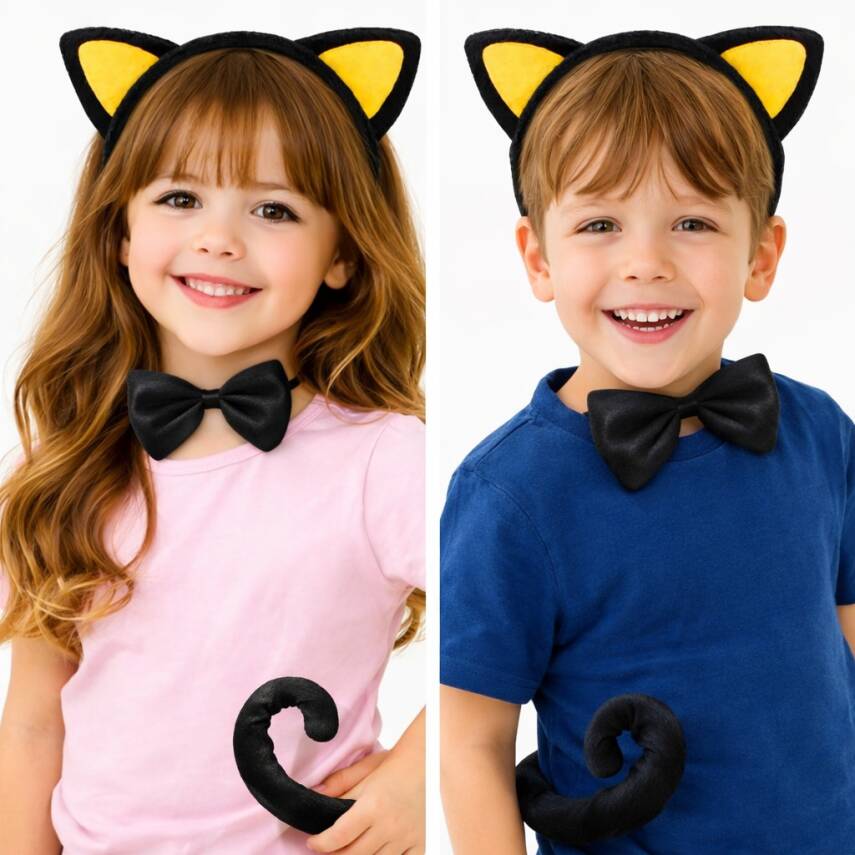 Sarı Kulaklı Kedi Kostüm Seti – Taç, Papyon, Kuyruk - 2