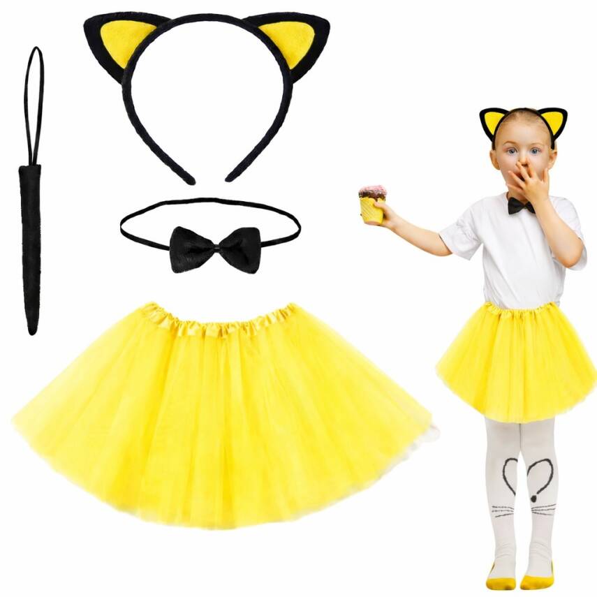Sarı Renk Kedi Kostüm Seti - Tütü, Taç, Papyon, Kuyruk - 1