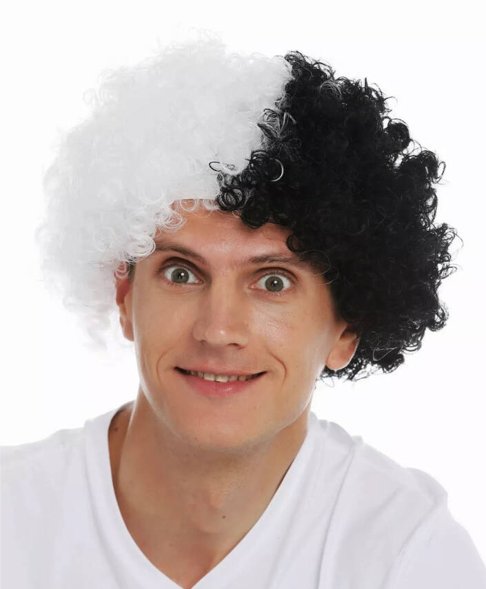Siyah Beyaz Kıvırcık Afro Bonus Taraftar Peruğu - 1