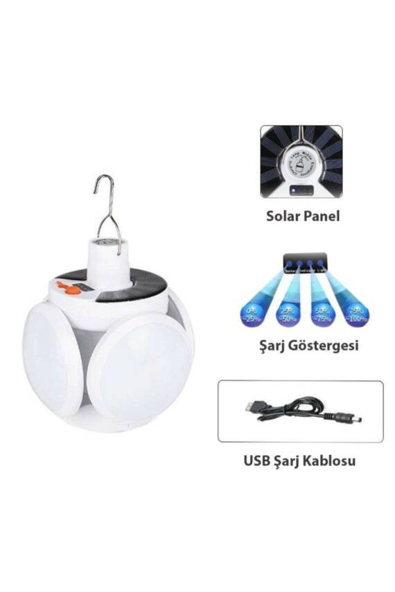 Solar Güneş Enerji Ve Usb Sarjlı 5 Kanatlı Bahçe Aydınlatma Led Askılı Pratik Kamp Lamba - 3