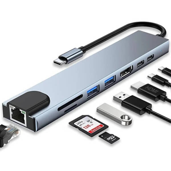 Type C Girişli 8 Port Dönüştürücü Ve Çoklayıcı - 1