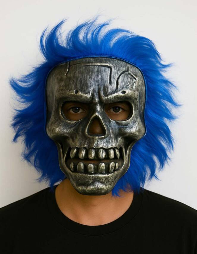 Wild Skull - Gümüş Kafatası Mavi Saçlı İskelet Maske - 1