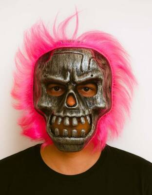 Wild Skull - Gümüş Kafatası Pembe Saçlı İskelet Maske