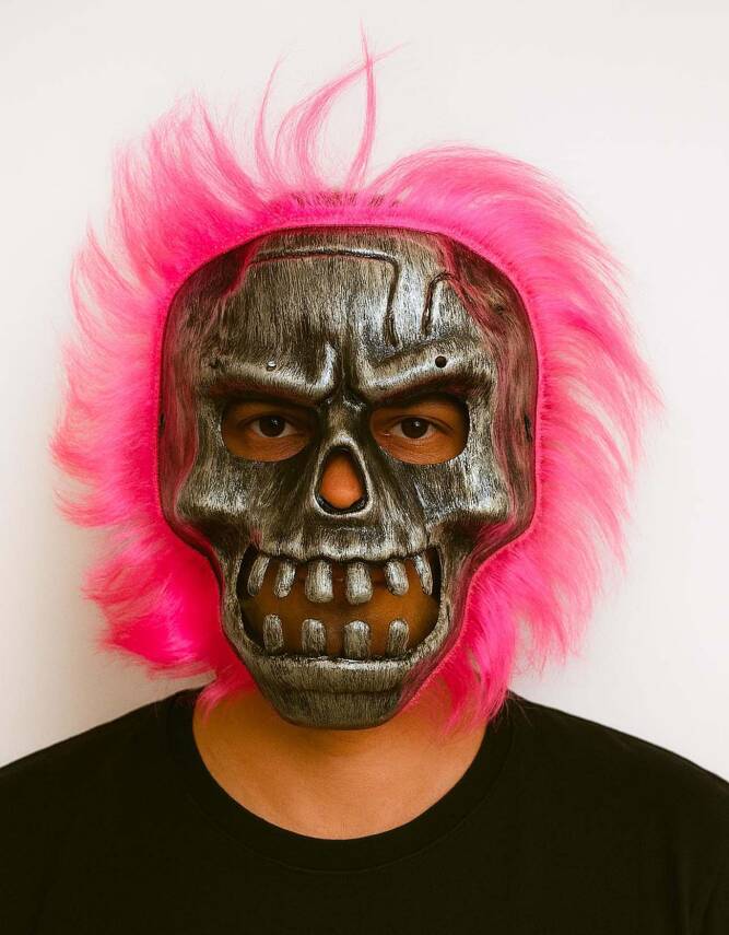Wild Skull - Gümüş Kafatası Pembe Saçlı İskelet Maske - 1